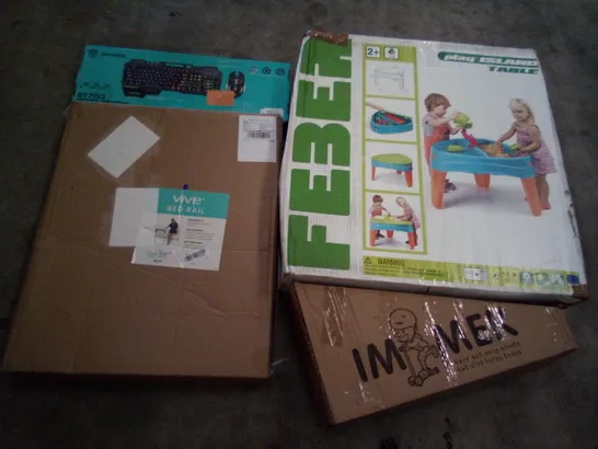 PALLET OF ASSORTED ITEMS INCLUDING VIVE BED RAIL, IMMEK KIDS SCOOTER, PLAY ISLAND TABLE, KEYBOARD & MOUSE SET, PRIVACY FILTER, HAKUNAMATTE PUZZLE MAT