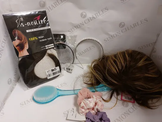 BOX OF APPROX 5 ITEMS TO INCLUDE WIG, LOOFER BRUSH AND HAIR ACCESSORIES