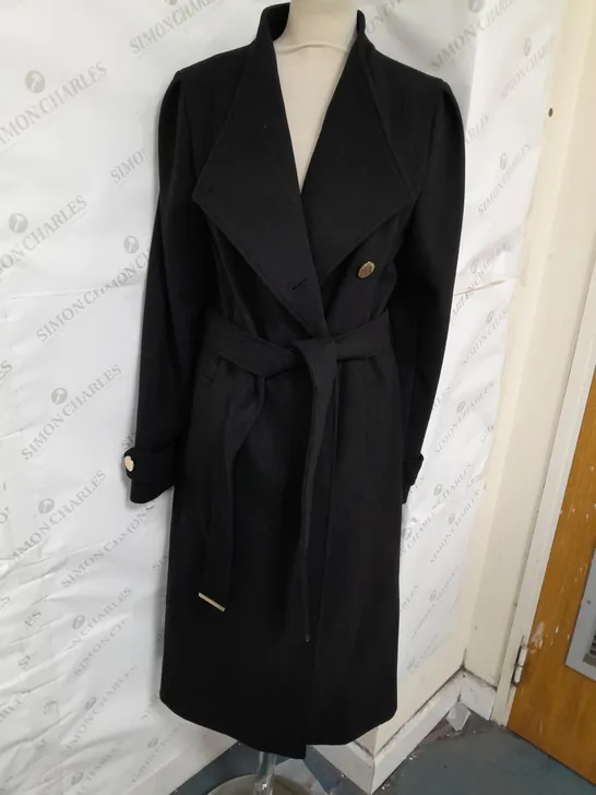 RIVER ISLAND LADIES LONG BLACK COAT POPPER FASTENING AND BELT SIZE 12