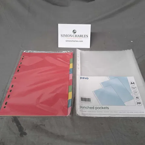 BOX OF ASSORTED OFFICE SUPPLIES TO INCLUDE X12 PAVO PUNCHED POCKETS AND X25 EASTLIGHT FOLDER DIVIDERS