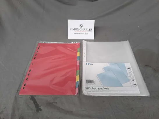 BOX OF ASSORTED OFFICE SUPPLIES TO INCLUDE X12 PAVO PUNCHED POCKETS AND X25 EASTLIGHT FOLDER DIVIDERS