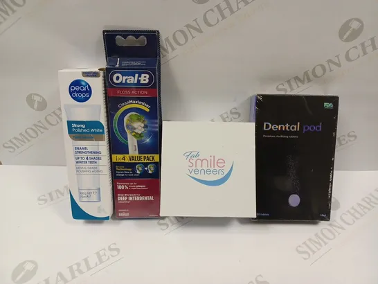 APPROXIMATELY 20 ASSORTED ORAL HYGIENE PRODUCTS TO INCLUDE PEARL DROPS STRONG POLISHED WHITE, FAB SMILE VENEERS, DENTAL POD PREMIUM STERILISING TABLETS, ORAL-B FLOSS ACTION HEADS