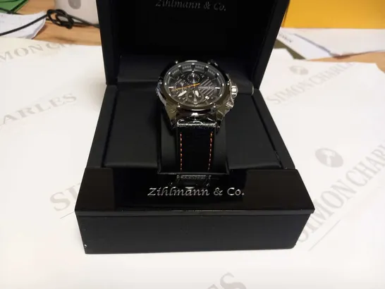 MEN’S ZIHLMANN & CO CHRONOGRAPH WATCH – MODEL ZC60 - BLACK DIAL WITH SUB DIALS – 3ATM WATER RESISTANT – GENUINE LEATHER STRAP 