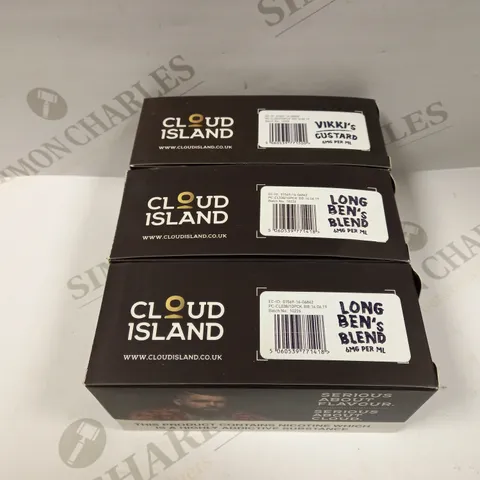 LOT OF 3 CLOUD ISLAND MIXED E-CIG LIQUID BOXES (LONG BEN'S BLEND AND VIKKI'S CUSTARD), (10 X 10ML BOTTTLES PER BOX) 6MG PER ML