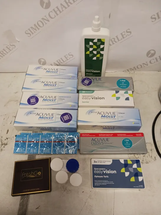 APPROXIMATELY 30 ASSORTED CONTACT LENS PRODUCTS & ACCESSORIES TO INCLUDE SOLUTION, CONTAINERS, LENSES ETC 