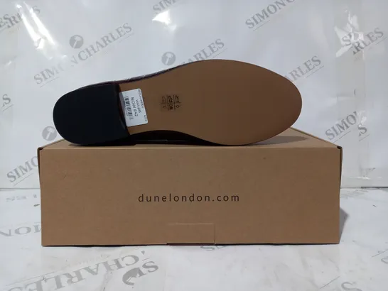 BOXED PAIR OF DUNE LONDON LOAFERS IN BURGUNDY SIZE 6