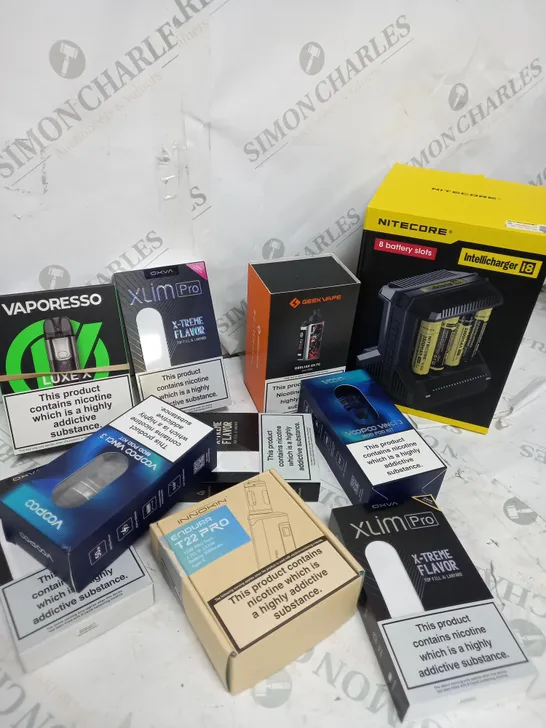 BOX OF APPROXIMATELY 10 ASSORTED E-CIG PRODUCTS TO INCLUDE ASPIRE, VOOPOO, VAPORESSO ETC