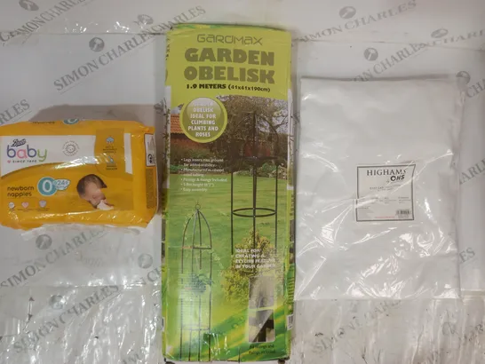 BOX OF APPROXIMATELY 20 ASSORTED HOUSEHOLD ITEMS TO INCLUDE FITTED SHEET, GARDEN OBELISK, NEWBORN NAPPIES, ETC