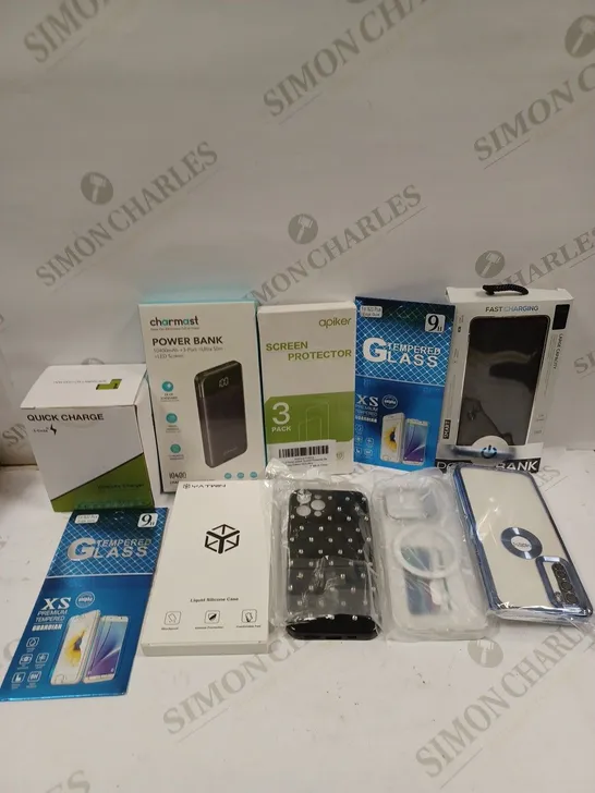 BOX TO CONTAIN APPROX. 30 X ASSORTED PHONE ACCESSORIES. INCLUDES CHARGING WIRES, PHONE CASES, POWER BANKS ETC. BRANDS VARY 