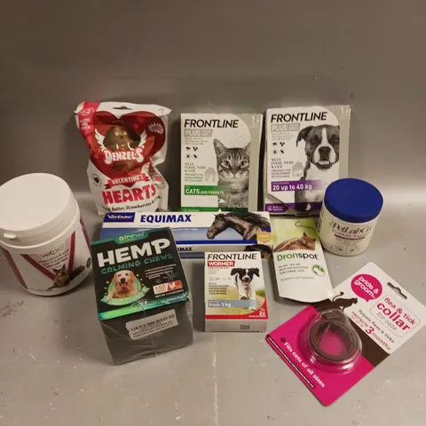 APPROXIMATELY 20 ASSORTED PET PRODUCTS/MEDICATIONS TO INCLUDE FRONTLINE, FLEA COLLAR, HEMP CALMING CHEWS ETC 