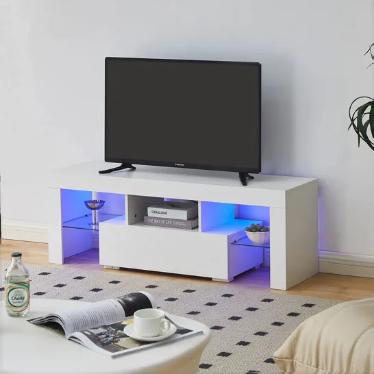 BOXED GWEN LED LIGHT TV STAND CABINET TEMPERED GLASS TV UP TO 60" - WHITE