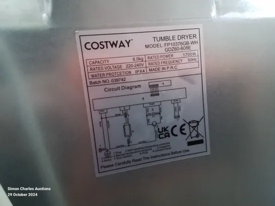 COSTWAY 1700W ELECTRIC TUMBLE LAUNDRY DRYER STAINLESS STEEL TUB 6 KG/91L