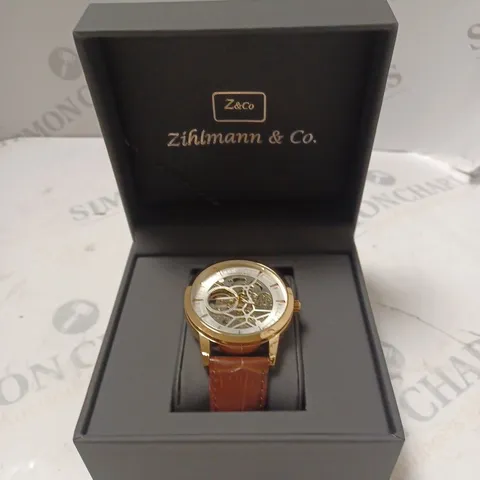 MENS ZIHLMANN & CO AUTOMATIC WATCH - Z210 – SKELETON DIAL – GOLD COLOUR CASE – GENUINE LEATHER 