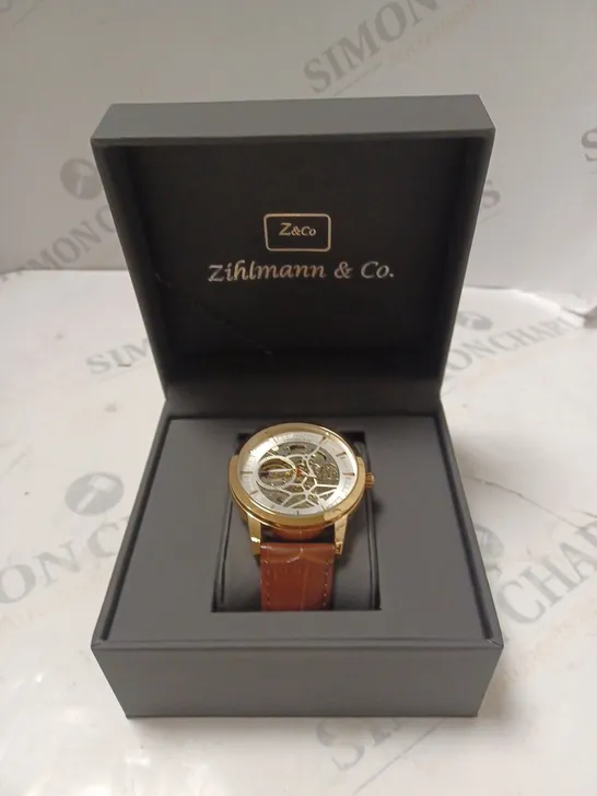 MENS ZIHLMANN & CO AUTOMATIC WATCH - Z210 – SKELETON DIAL – GOLD COLOUR CASE – GENUINE LEATHER 