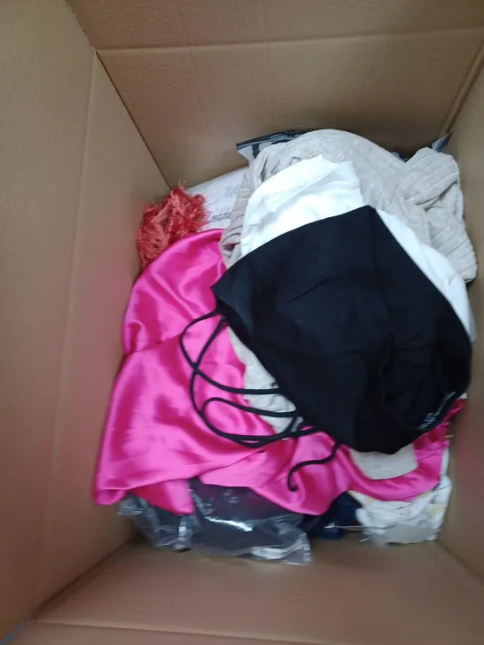 BOX OF ASSORTED CLOTHING ITEMS TO INCLUDE TOPS, TROUSERS, SWEATERS ETC
