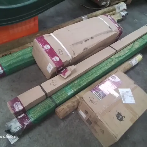 QUANTITY OF PLUM WOODEN PARTS, INCLUDING GARDEN SWING, & LOOK OUT TOWER PARTS, PLASTIC SLIDE.