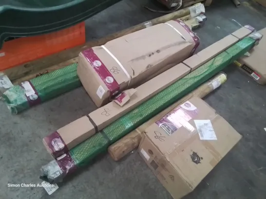 QUANTITY OF PLUM WOODEN PARTS, INCLUDING GARDEN SWING, & LOOK OUT TOWER PARTS, PLASTIC SLIDE.