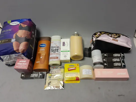 BOX OF APPROXIMATELY 15 COSMETIC ITEMS TO INCLUDE TENA HIGH WAIST UNDERWEAR, SKINPROUD REFRESHER, AND CARMEX LIP BALM ETC. 