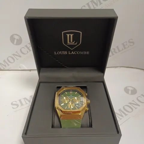 MENS LOUIS LACOMBE CHRONGRAPH WATCH – 3 SUB DIALS – GOLD COLOUR CASE – GREEN RUBBER STRAP