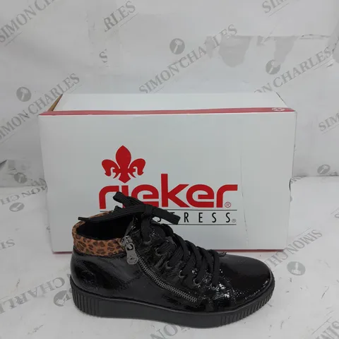 BOXED RIEKER HIGH TOP CUFFED SHOES, LEOPARD/BLACK - SIZE 4