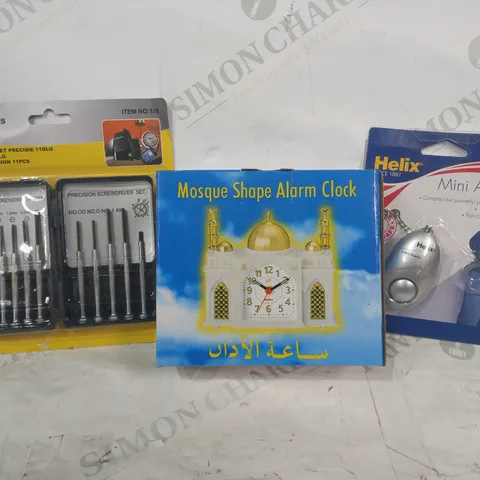 LOT OF APPROXIMATELY 15 ASSORTED HOUSEHOLD ITEMS TO INCLUDE HELIX MINI ALARM, MOSQUE SHAPE ALARM CLOCK, PRECISION SCREWDRIVER SET, ETC