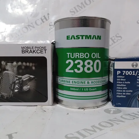 BOX OF APPROXIMATELY 15 ASSORTED VEHICLE PARTS & ACCESSORIES TO INCLUDE BOSCH P 7001/1 OIL FILTER, RUNDONG MOBILE PHONE BRACKET, EASTMAN TURBO OIL, ETC - COLLECTION ONLY