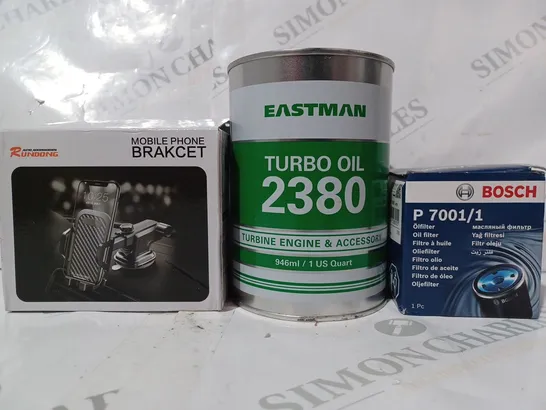 BOX OF APPROXIMATELY 15 ASSORTED VEHICLE PARTS & ACCESSORIES TO INCLUDE BOSCH P 7001/1 OIL FILTER, RUNDONG MOBILE PHONE BRACKET, EASTMAN TURBO OIL, ETC - COLLECTION ONLY