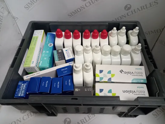 BOXED LOT TO CONTAIN APPROX. 40 X ASSORTED VISION CARE PRODUCTS. INCLUDES PACKS OF CONTACT LENSES & CONTACT LENSE CLEANING SOLUTION. BRANDS VARY