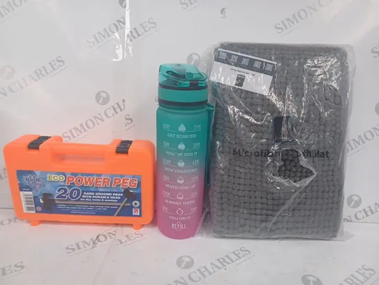 BOX OF APPROXIMATELY 20 ASSORTED HOUSEHOLD ITEMS TO INCLUDE WATER BOTTLE, ECO POWER PEG 20PCS PEG SET, ETC