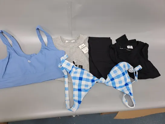 BOX OF APPROXIMATELY 5 CLOTHING ITEMS TO INCLUDE BIKINI, SPORTS BRA, CROP TOP