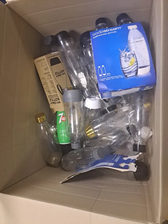 BOX OF ASSORTED SODA STREAM BOTTLES 