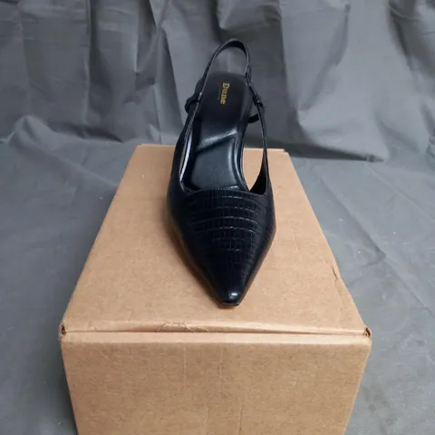 BOXED PAIR OF DUNNE LONDON BLACK PRINT FAUX LEATHER HIGH HEELS SIZE 5