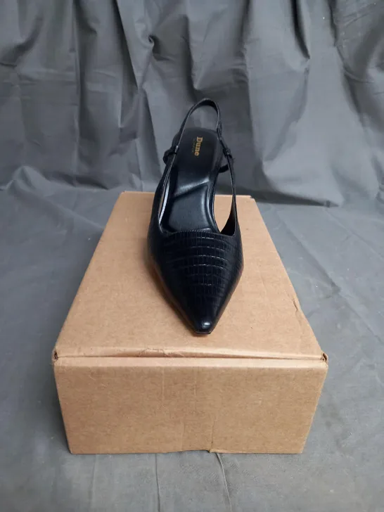 BOXED PAIR OF DUNNE LONDON BLACK PRINT FAUX LEATHER HIGH HEELS SIZE 5