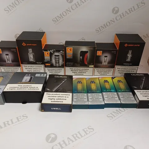 BOX OF APPROXIMATELY 30 E-CIGARETTE PRODUCTS TO INCLUDE GEEKVAPE L200, CALIBURN A2, OXVA XLIM SE ETC