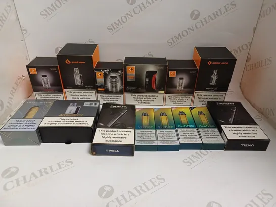 BOX OF APPROXIMATELY 30 E-CIGARETTE PRODUCTS TO INCLUDE GEEKVAPE L200, CALIBURN A2, OXVA XLIM SE ETC