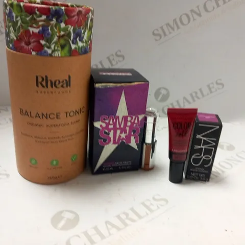 APPROXIMATELY 13 ASSORTED PRODUCTS TO INCLUDE; RHEAL BALANCE TONIC, SAMBA STAR EAU DE TOILETTE, MAYBELLINE LIP PAINT AND NARS LIPSTICK