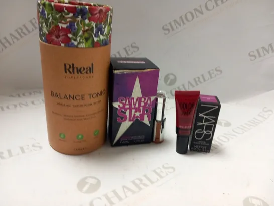 APPROXIMATELY 13 ASSORTED PRODUCTS TO INCLUDE; RHEAL BALANCE TONIC, SAMBA STAR EAU DE TOILETTE, MAYBELLINE LIP PAINT AND NARS LIPSTICK