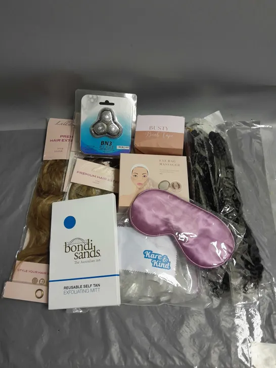 BOX OF APPROXIMATELY 12 ASSORTED COSMETIC ITEMS TO INCLUDE LULLABELLZ HAIR EXTENSIONS - SKULLSHAVER BN3 BLADE REPLACEMENT - BUSTY BOOB TAPE - ETC