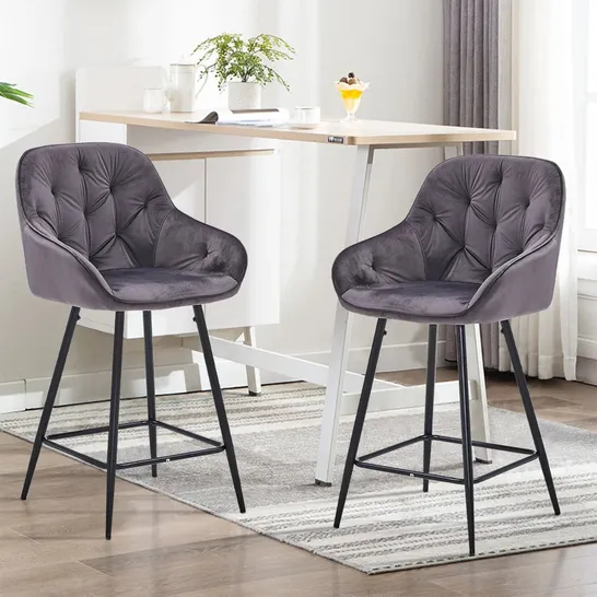 BOXED PAIR OF GARVIES GREY VELVET BARSTOOLS