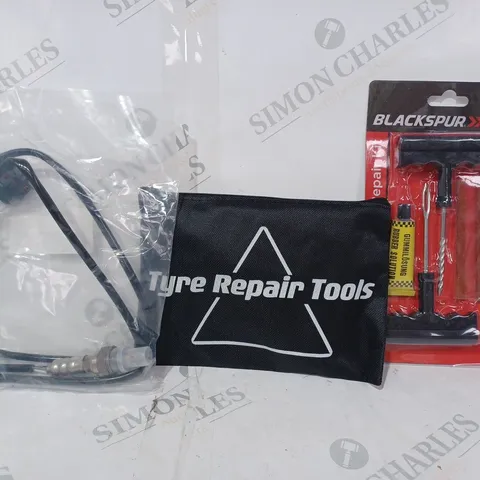 BOX OF APPROXIMATELY 15 ASSORTED CAR AND VEHICLE PARTS AND ITEMS TO INCLUDE BLACKSPUR TK150 TYRE REPAIR KIT, TYRE REPAIR TOOLS, OXYGEN SENSOR, ETC