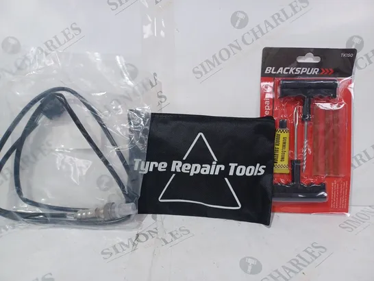 BOX OF APPROXIMATELY 15 ASSORTED CAR AND VEHICLE PARTS AND ITEMS TO INCLUDE BLACKSPUR TK150 TYRE REPAIR KIT, TYRE REPAIR TOOLS, OXYGEN SENSOR, ETC