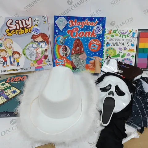 BOX OF APPROX 15 ASSORTED TOYS & GAMES TO INCLUDE RETRO LUDO, FINGERPRINT ANIMALS ACTIVITIES, GHOST FACE MASK, ETC 