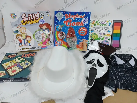 BOX OF APPROX 15 ASSORTED TOYS & GAMES TO INCLUDE RETRO LUDO, FINGERPRINT ANIMALS ACTIVITIES, GHOST FACE MASK, ETC 