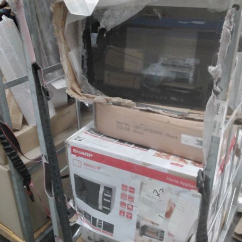 CAGE OF ASSORTED ITEMS INCLUDING AEG MICROWAVE, SHARP R860SLM CONVECTION MICROWAVE OVEN, ERGEAR MONITOR TABLE MOUNT