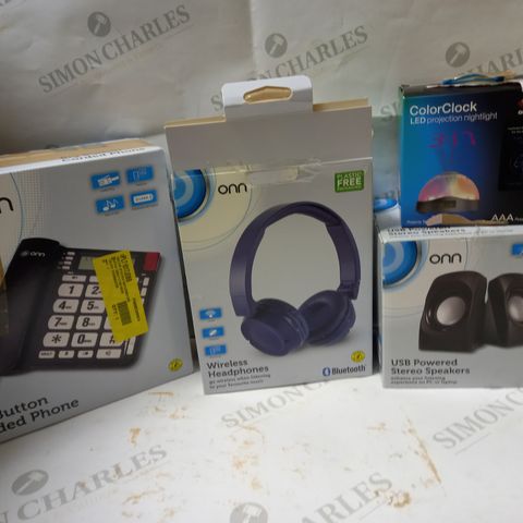 LOT OF 4 ASSORTED ELECTRICAL ITEMS TO INCLUDE BIG BUTTON CORDED PHONE, WIRELESS HEADPHONES, USB POWERED STEREO SPEAKERS, ETC