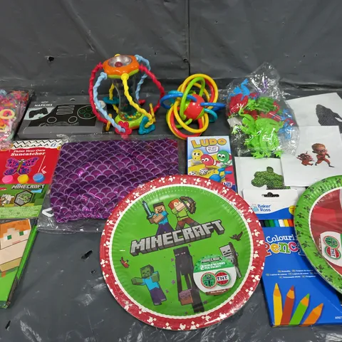 BOX OF ASSORTED TOYS AND GAMES TO INCLUDE BABY TOYS, LUDO AND MINECRAFT PAPER PLATES