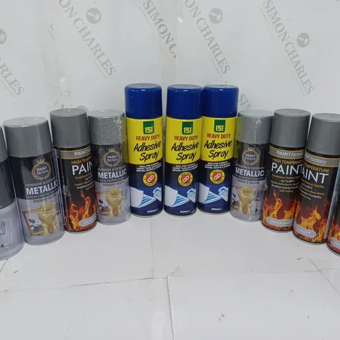 APPROXIMATELY 11 ASSORTED AEROSOLS TO INCLUDE 151 HEAVY DUTY ADHESIVE SPRAY (500ml), PAINT FACTORY METALLIC BRIGHT SILVER (400ml, PAINTFACTORY HIGH TEMPERATURE PAINT IN SILVER MATT (300ml) - COLLECTIO