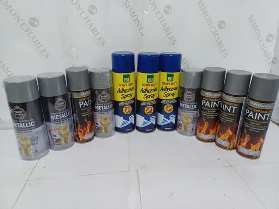 APPROXIMATELY 11 ASSORTED AEROSOLS TO INCLUDE 151 HEAVY DUTY ADHESIVE SPRAY (500ml), PAINT FACTORY METALLIC BRIGHT SILVER (400ml, PAINTFACTORY HIGH TEMPERATURE PAINT IN SILVER MATT (300ml) - COLLECTIO