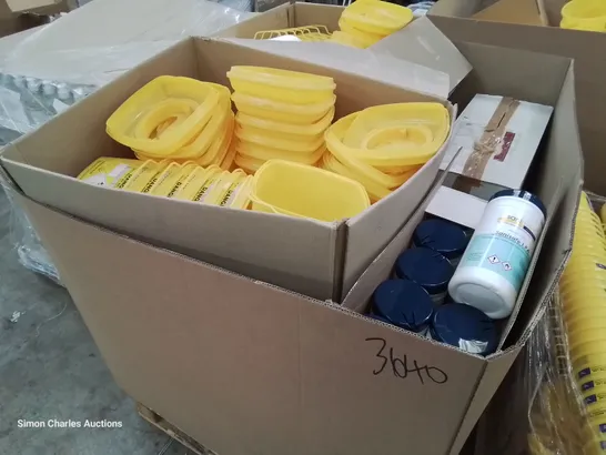 PALLET CONTAINING SHARPPAK 60 YELLOW HAZARDOUS WASTE BINS & APPROXIMATELY 14 CASES EACH CONTAINING 10 TUBS SANISAFE BACTERIAL WIPES 