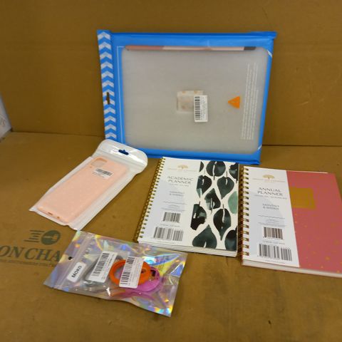 BOX OF APPROX 5 ASSORTED ITEMS TO INCLUDE IPAD CASE, PINK PHONE COVER AND PLANNERS
